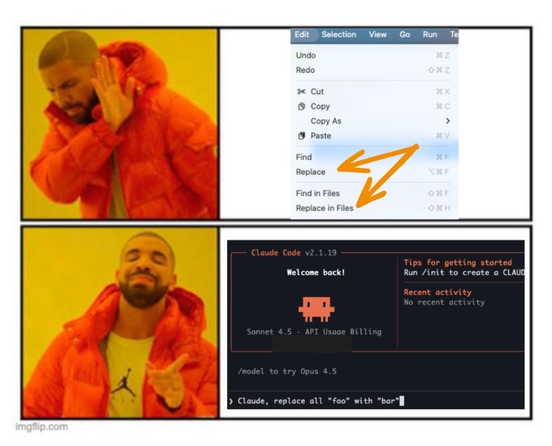 Meme joking about how we apparently hate using simple IDE tools like search and replace, but are now happy to ask an AI agent to search through the codebase and modify things for us.